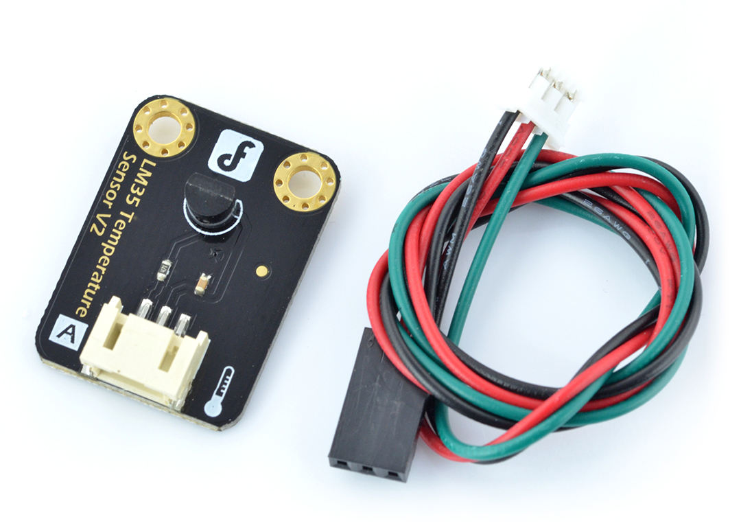 Analog temperature sensor LM35 DFR0023 Supply voltage from 3.3 V to 5 V Range: from 0 °C to 100 °C Communication: the analog