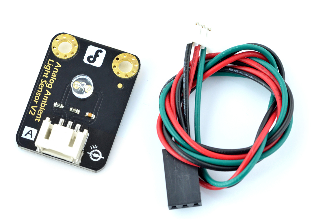 Analog light intensity sensor DFR0026 Supply voltage from 3.3 V to 5 V Range: 1 lux to 6000 lux Communication: the analog