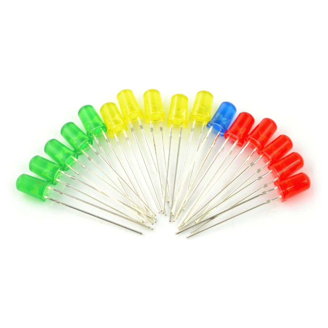5mm LEDs : green (5 pcs), red (5 pcs), yellow (5 pcs), blue (1 pcs)