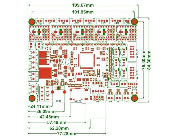Diagram and detailed dimensions of the motherboard