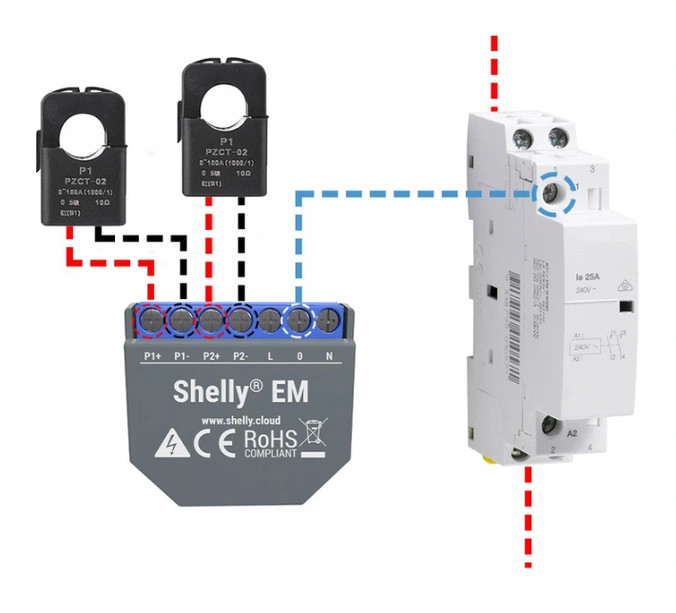 Shelly EM + 50A Clamp: Efficient Wi-Fi Energy Meter & Contactor Control