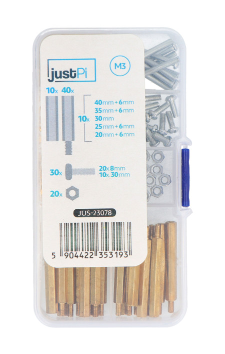 A set of spacer sleeves and screws in a transparent container.