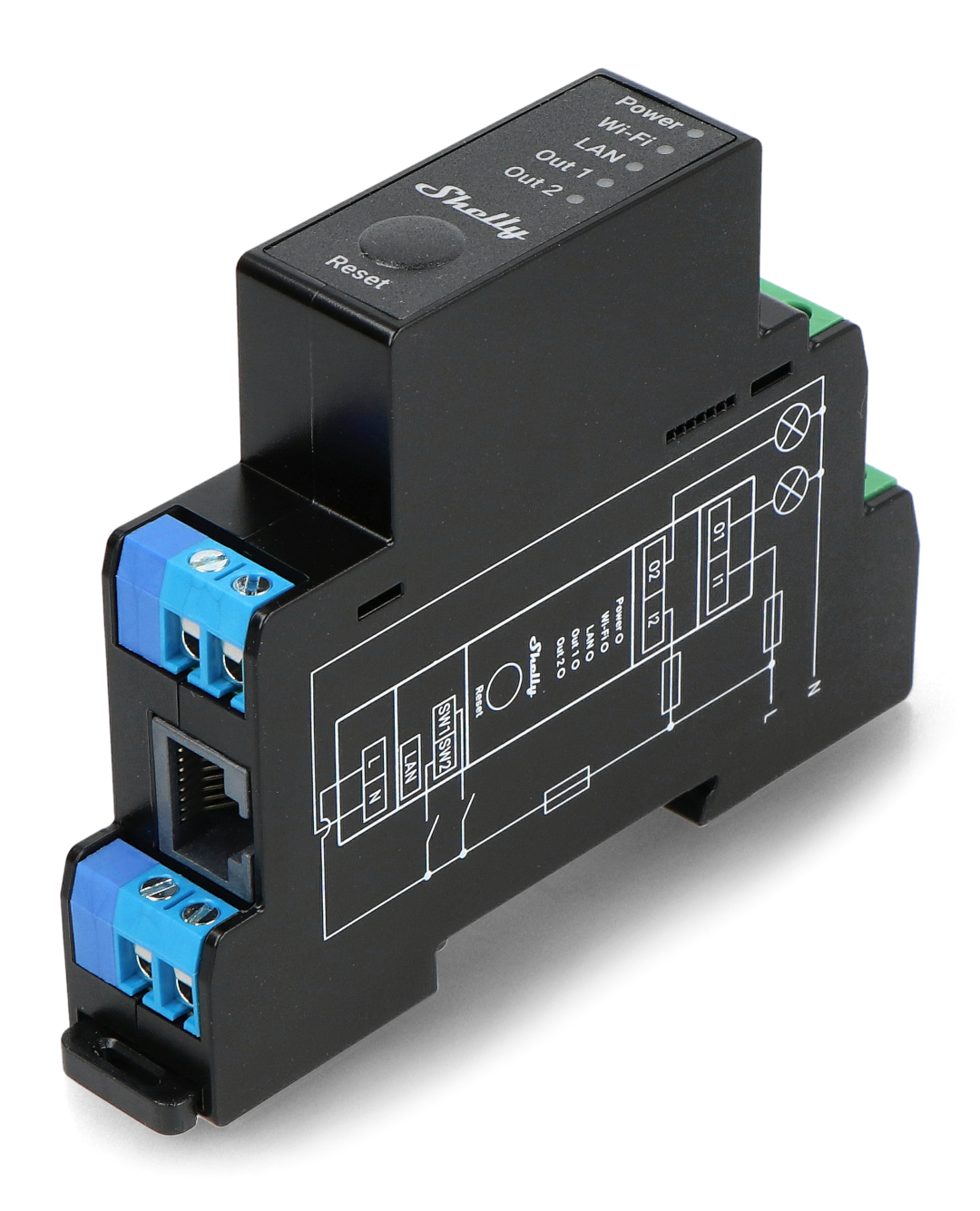 Shelly Pro 2PM, Professional 2 Channel Relay, 25A for the Set, DIN Rail,  Electric Counter, Coverage Control, LAN Connection, Wi-Fi & Bluetooth