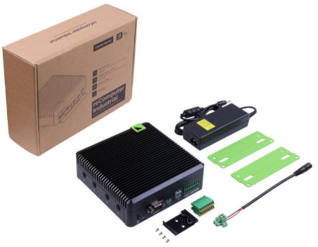 reComputer Industrial J4012 lies on a white background with the kit components and box.