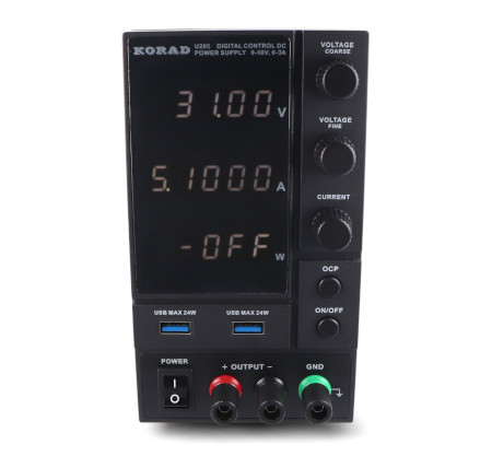 Front of a black Korad laboratory power supply.
