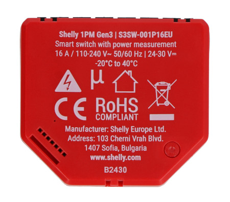 Shelly 1PM Gen3 - 1-channel flush-mount relay / controller - WiFi / Bluetooth with energy measurement - Android / iOS app - 4 pcs.