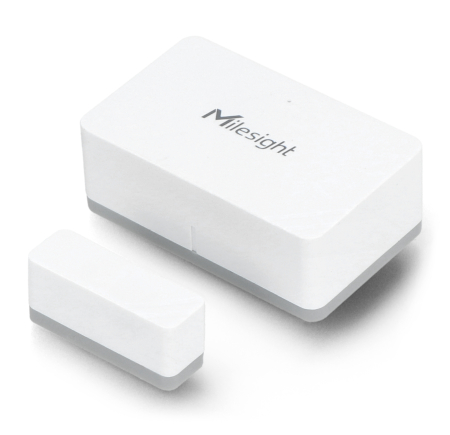 The white Milesight door and window sensor lies on a white background.