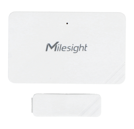 The white Milesight door and window sensor lies on a white background.
