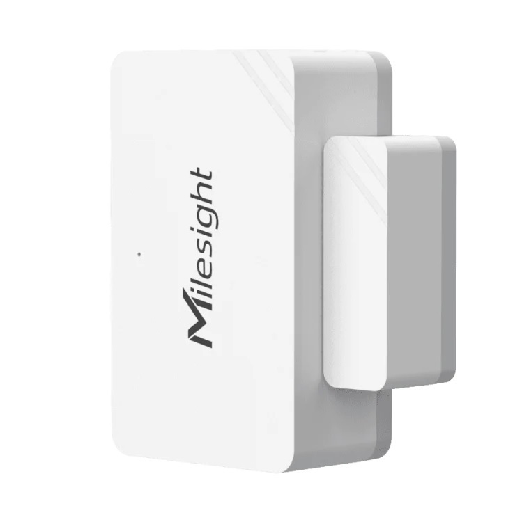 The white Milesight door and window sensor lies on a white background.