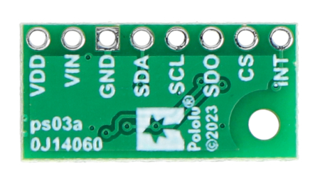 The Pololu pressure and altitude sensor lies upside down on a white background.