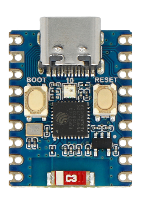 A blue mini development board lies on a white background.