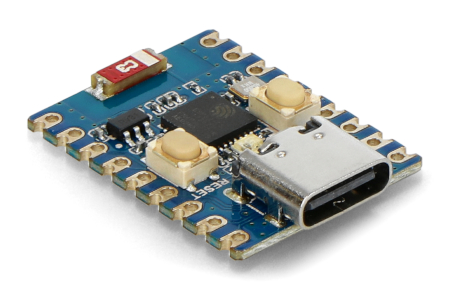 A blue mini development board lies on a white background.