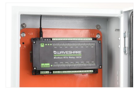 16-channel relay module with opto-isolation - 10 A / 250 V AC / 30 V DC contacts - 5 V coil - Modbus RS485 - Waveshare 17658