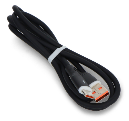 The cable supports the USB 2.0 standard, enabling data transfer at speeds of up to 480 Mb/s and charging devices with a