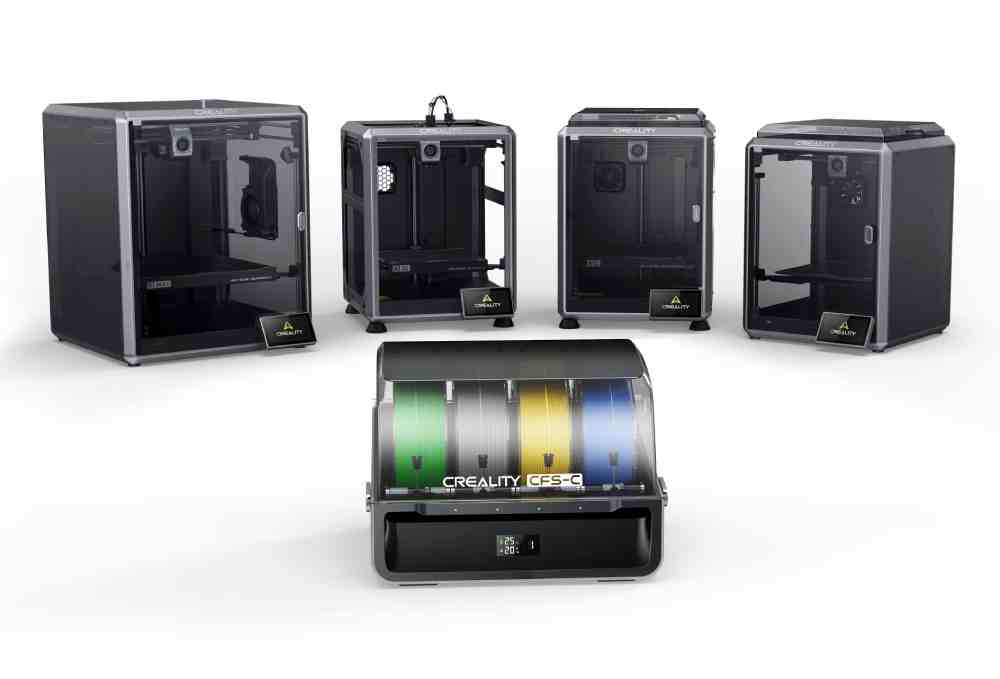 The Creality CFS-C is an intelligent filament feeding system designed to upgrade compatible K1 series 3D printers